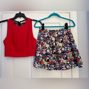 Red Crop Top and Floral Skirt Set